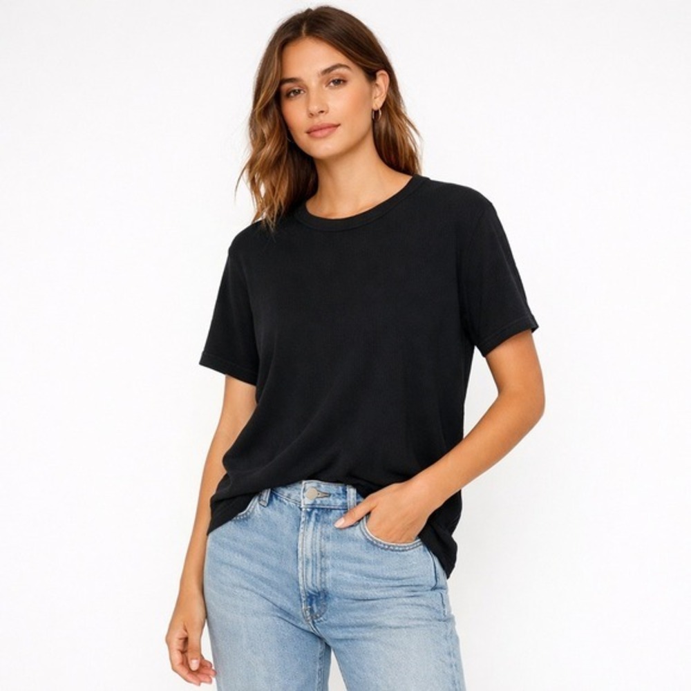 Pure Stuff Womens Ribbed Short Sleeve Crewneck T-Shirt Black Size Large